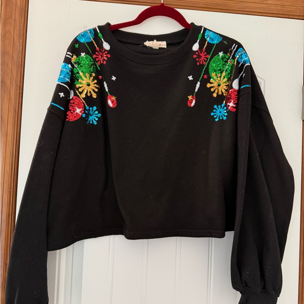 Peach Love California Black Cropped Hoodie with Festive Embellishments